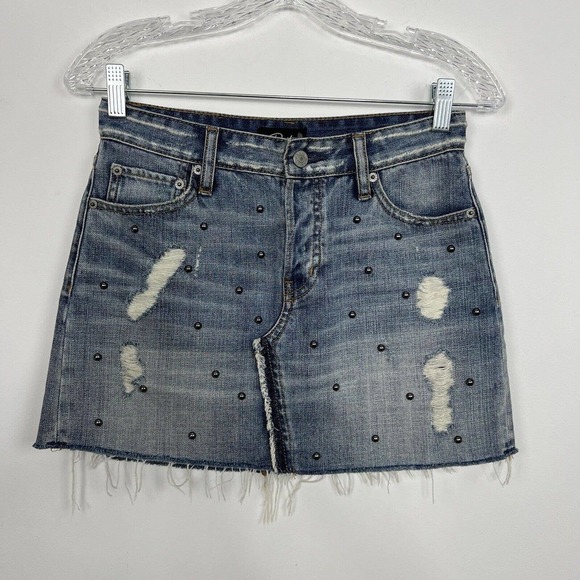 Rails Denim Mini Skirt Size 24 Wynonna Studded Distressed Button Fly Raw Hem - Picture 2 of 10